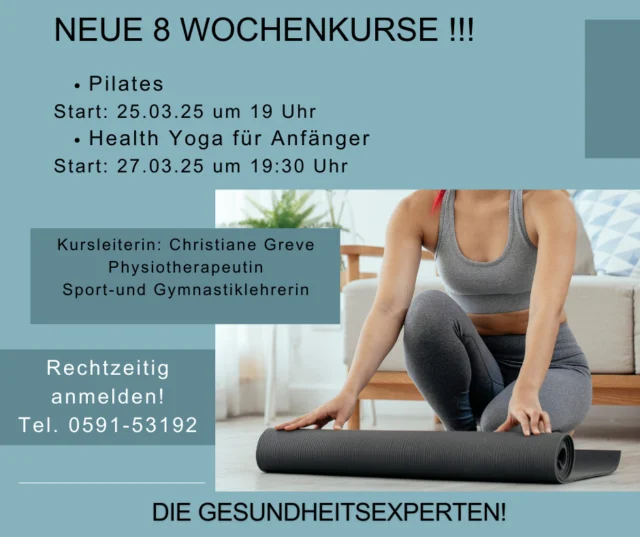 Unsere neuen Kurse starten bald!
Bist du bereit, Dich auf die Reise zu mehr Wohlbefinden und Ausgeglicheheit zumachen.
Investiere jetzt in Dich!
- 8 Einheiten zu je 60 Min.
- Kosten 99,-

Bitte rechtzeitig anmelden!
Tel. 0591-53192
Wir freuen uns auf Dich
#healthclublingen #lingen #kurse #healthyoga #Pilates # Gesundheitskurs