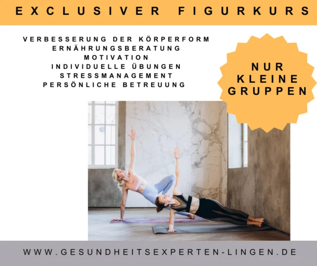 Ein exklusiver Figurkurs ist ein maßgeschneiderter Kurs, der darauf abzielt, deine Körperform zu verbessern, sei es durch Gewichtsreduktion, Muskelaufbau oder Körperstraffung.
Dieser Kurs bietet intensive Betreuung und individuelle Anpassung, um deine spezifischen Ziele zu erreichen.

1. Individuelle Betreuung: 
Du wirst in kleinen Gruppen betreut, wodurch gezielt auf deine Bedürfnisse eingegangen werden kann. Die Kursleiterin kann deinen Fortschritt überwachen und das Programm anpassen.
2. Gezieltes Training:
Der Kurs kann Übungen zur Körperstraffung, zum Muskelaufbau, zur Fettverbrennung und zur Haltungskorrektur beinhalten. 
3. Ernährungsberatung: 
Dieser exklusiver Figurkurs beinhaltet auch Empfehlungen zu gesunder Ernährung und Gewichtsmanagement. Der Fokus liegt oft auf nachhaltiger Ernährungsumstellung, anstatt auf kurzfristigen Diäten.
4. Fokus auf ganzheitliche Gesundheit: Neben dem körperlichen Training werden oft auch Aspekte wie Stressmanagement, Achtsamkeit und Selbstfürsorge berücksichtigt, um langfristig positive Veränderungen im Lebensstil zu fördern.
6. Exklusivität und kleine Gruppen:
Der Kurs ist auf eine begrenzte Teilnehmerzahl ausgelegt, um eine sehr persönliche Betreuung zu ermöglichen.

- 8 Termine a 60 Minuten
- kleine Gruppen (5-7Personen)
- Kosten: 150 Euro
- Kursleiterin Christiane Greve, Physiotherapeutin, Sport-und Gymnastiklehrerin

Falls du dich für einen solchen Kurs interessierst, dann melde dich rechtzeitig an!
Starttermin: 03.04.25 um 19 Uhr
#healthclublingen #figurtraining #lingen #kurs #figurkurs #fitnessstudio #training #figurerfolg #trainingserfolg