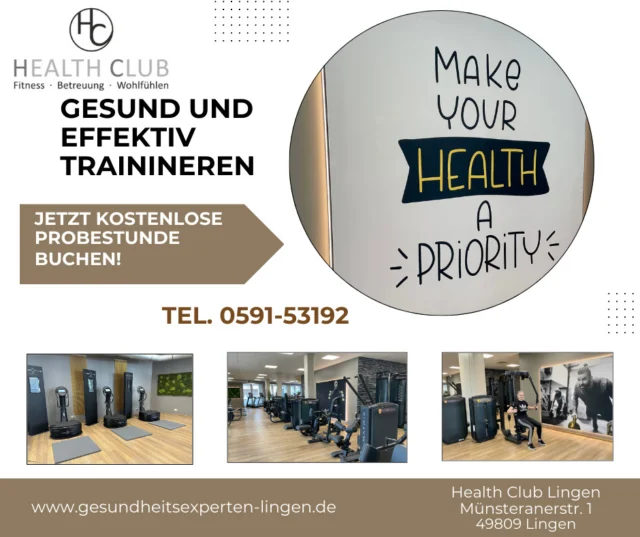 Ein gutes Fitnessstudio bietet dir nicht nur Geräte – es bietet dir Motivation, Betreuung und echte Ergebnisse.
Bei uns stehst DU im Mittelpunkt – mit einem ganzheitlichen Konzept, das auch physiotherapeutische Betreuung einschließt!

Was dich bei uns erwartet:
– Persönliche Betreuung, die dich wirklich weiterbringt
– Individuelle Trainingspläne, abgestimmt auf deine Ziele und deinen Körper
– Physiotherapeutische Begleitung für sicheres, gesundes Training – auch bei Beschwerden oder nach Verletzungen
– Eine Atmosphäre, in der du dich wohlfühlst und gern trainierst
– Fortschritte, die du nicht nur siehst – sondern spürst!

Starte jetzt – denn dein Körper verdient das Beste.
Melde dich für ein kostenloses Probetraining und mach den ersten Schritt in ein neues Lebensgefühl!
#healthclublingen #lingen #gesundheit #gesundheitstraining #fitnesstraining #fitnesslingen #rückengesundheit #rückentraining